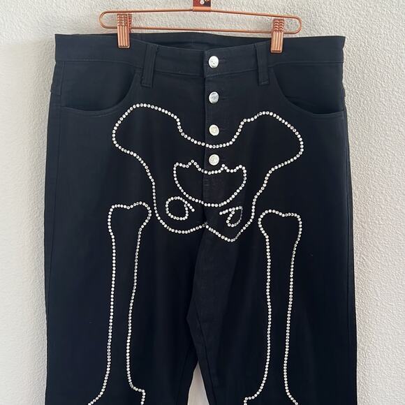 Salem7 Skeleton Black Denim Jeans Black Stretch Rhinestone Exposed Fly 34 - Picture 2 of 10